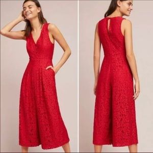 New Anthropologie Moulinette Soeurs Jaeda Red Lace Wide Leg Jumpsuit Size 0